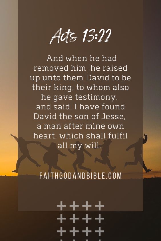 And when he had removed him, he raised up unto them David to be their king; to whom also he gave testimony, and said, I have found David the son of Jesse, a man after mine own heart, which shall fulfil all my will. Acts 13:22