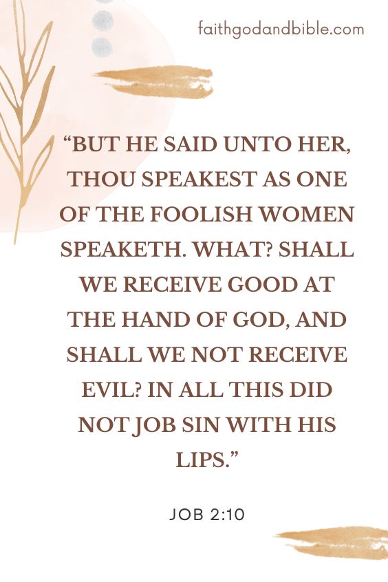 Job 2:10 But he said unto her, Thou speakest as one of the foolish women speaketh. What? shall we receive good at the hand of God, and shall we not receive evil? In all this did not Job sin with his lips