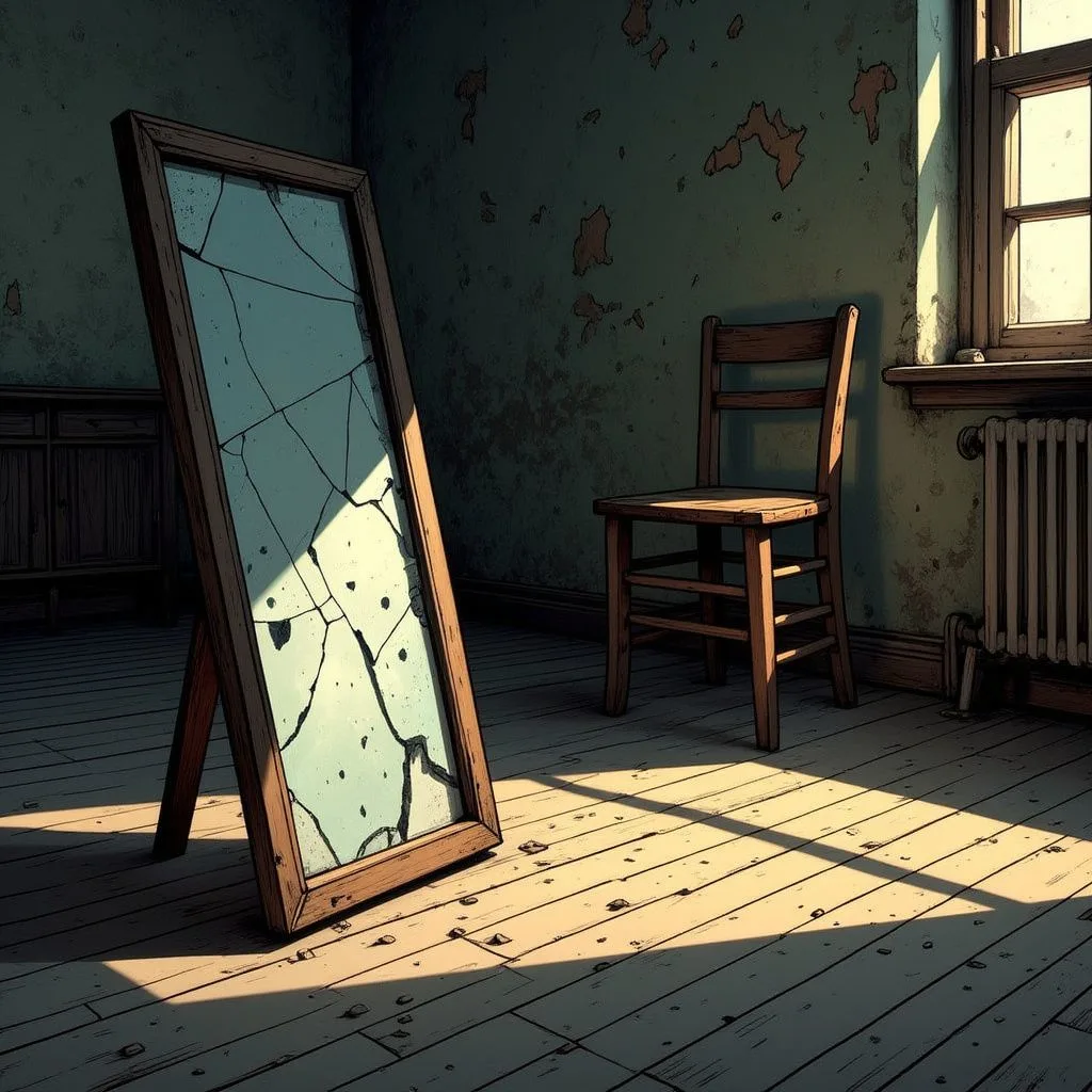 A broken mirror lies on a dusty floor in an empty room.