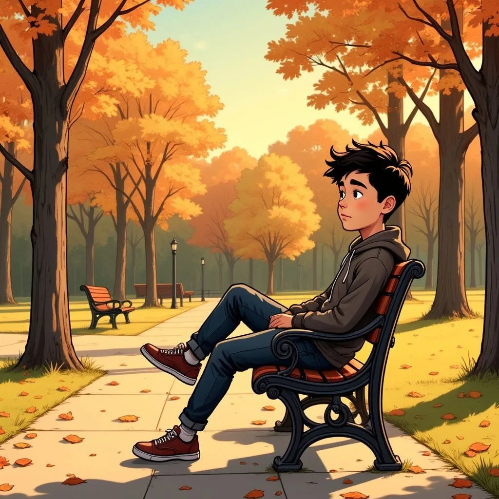 A teenage boy sits pensively on a park bench amidst autumn leaves.