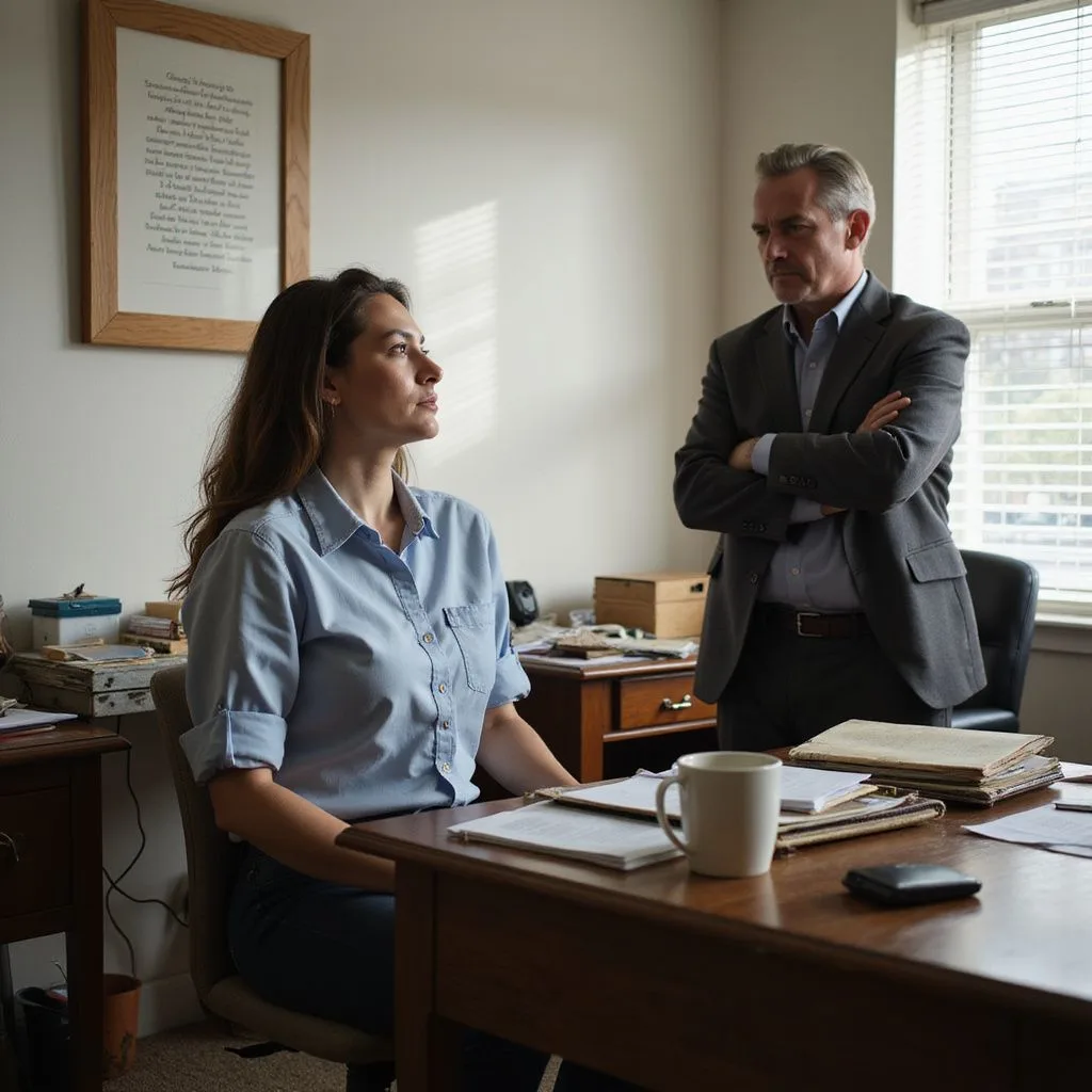 A woman contemplates under her boss's scrutiny in a cluttered office.