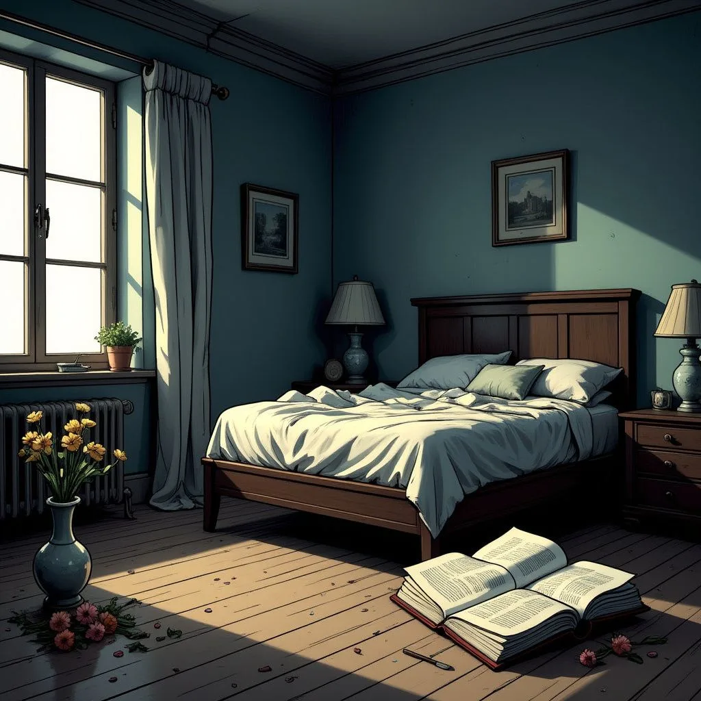 A quiet, dim room features an unmade bed and an open book.