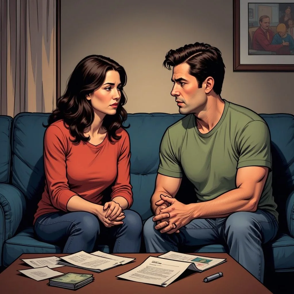 A couple discusses unresolved issues amid scattered papers and bills.
