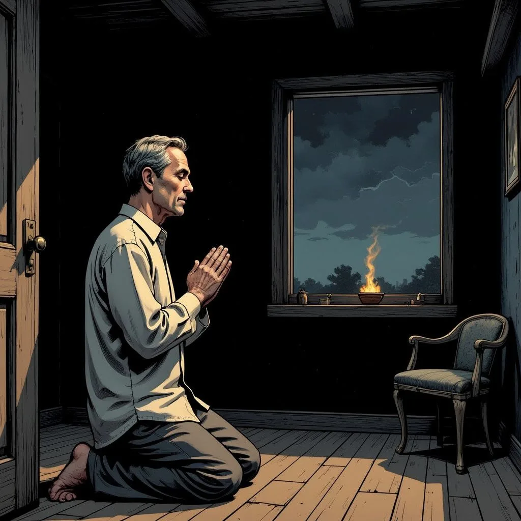 A man kneels in prayer, seeking calm amidst a stormy sky.